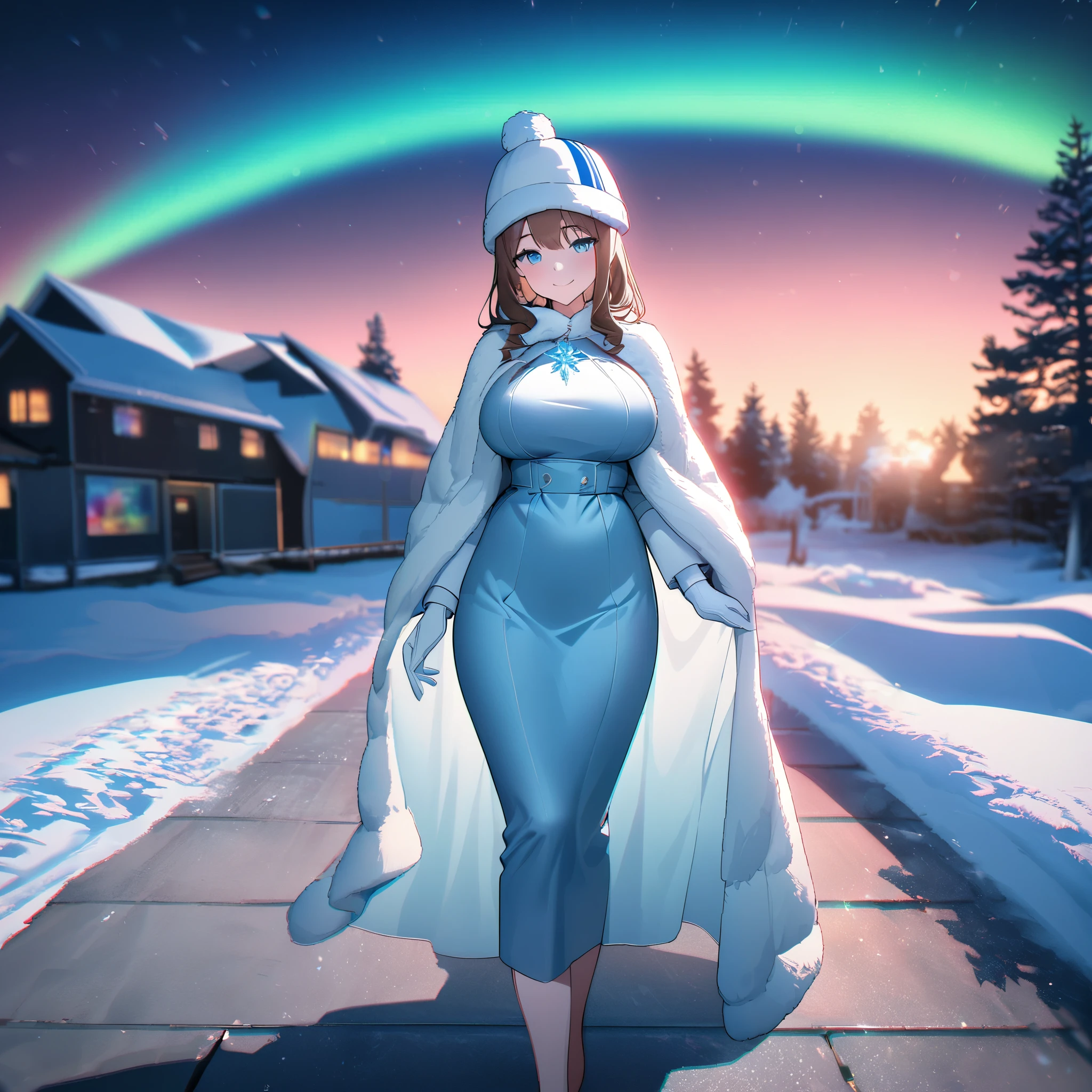 A woman wearing a long blue dress, a dress with silver details and an ice crystal symbol, wearing a white fur cape, wearing white gloves, a white cold hat with a symbol of Finland, traditional, long brown hair, ice blue eyes, smiling, walking on a concrete sidewalk with cold weather in the place, sky with northern lights, full body, big breasts (woman solo),drop shadow, anaglyph, stereogram, tachi-e, pov, atmospheric perspective, 8k, super detail, ccurate, best quality, award winning, textured skin, highres, anatomically correct, bokeh effect, ( (woman solo)
