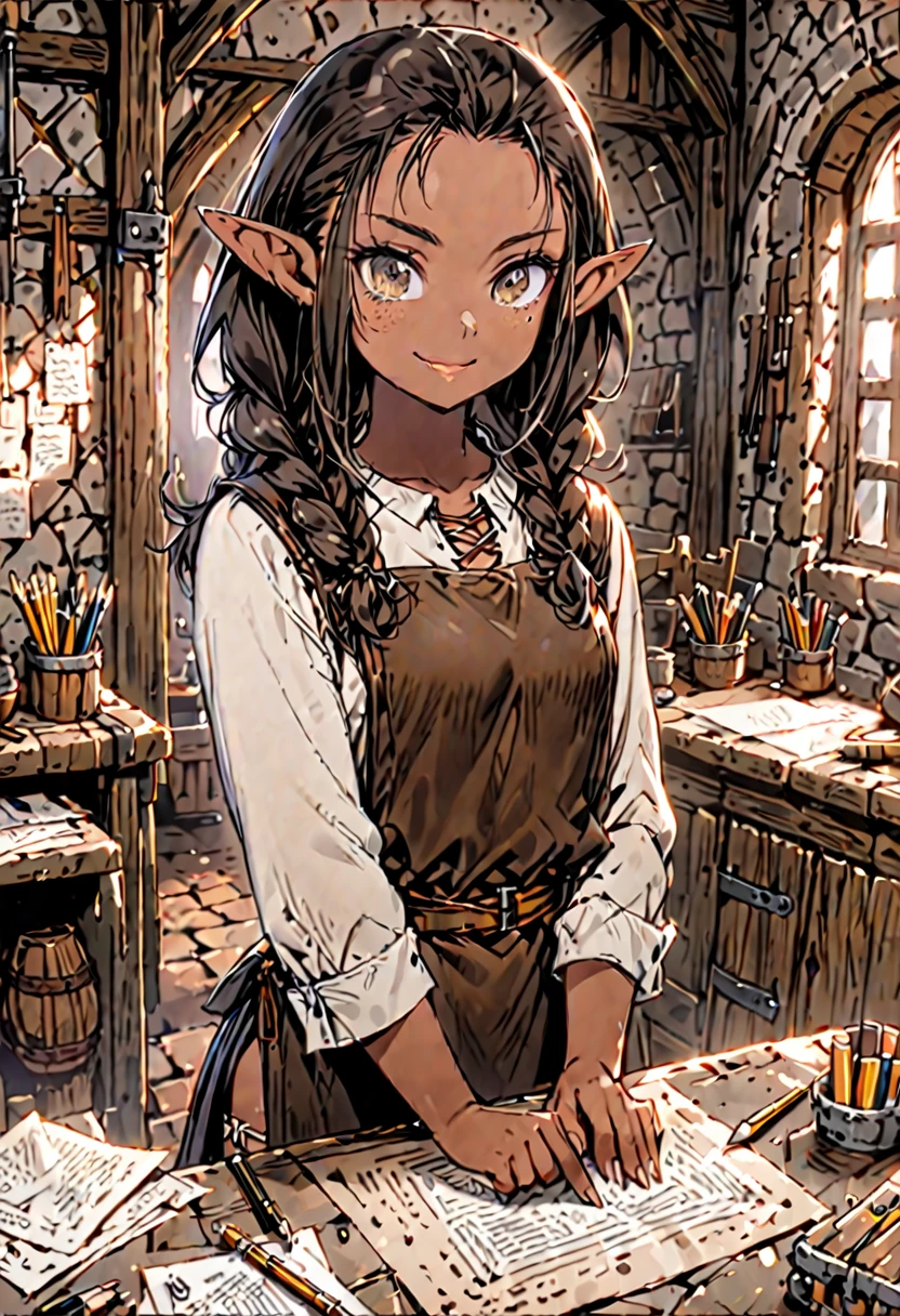 solo, female, sfw, medium shot, short:1.4, broad shoulders, mischievous smile, long hair, braids, hazel eyes, pencil, paper, leather apron, freckles:1.3, tan skin, pointed ears, workshop, medieval shirt, dwarf