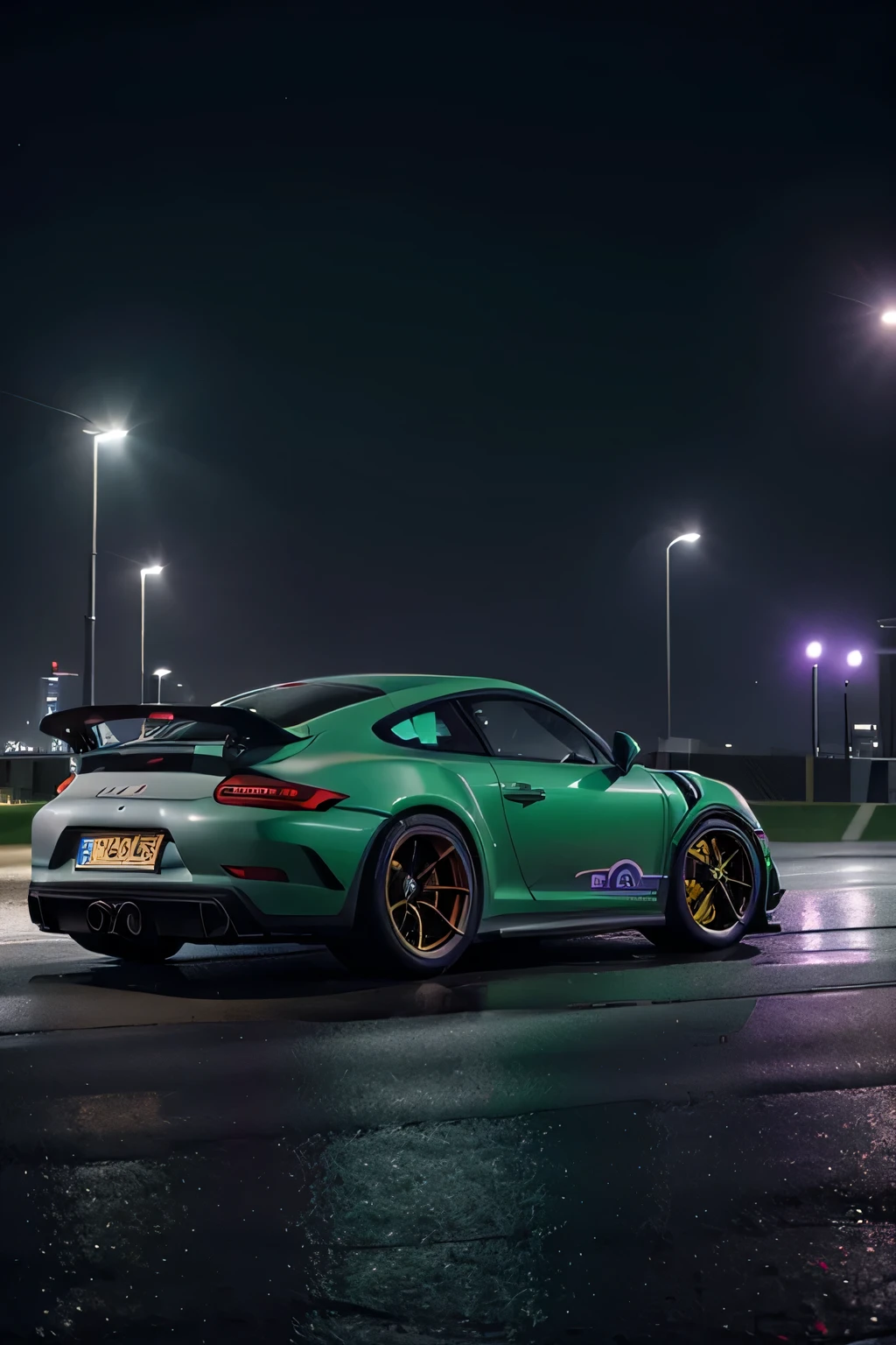 be a graphic design and create a dark green 992 gt3 rs with and place it in the Dubai scenery and that it is at night with purple lights coming out of them pointing at the car strategically the street lights reflecting the purple color have to be pointing to the car 