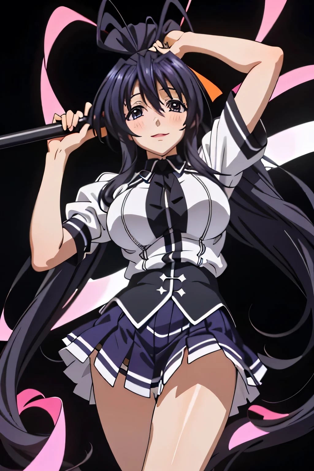 Himejima Akeno、Long Hair、(draw the eyes:1.2)、one person 、smile 、blush 
、mini skirt
、Looking up from below
、Kick up your legs
、(highest quality) 、(Fine skin:1.3)