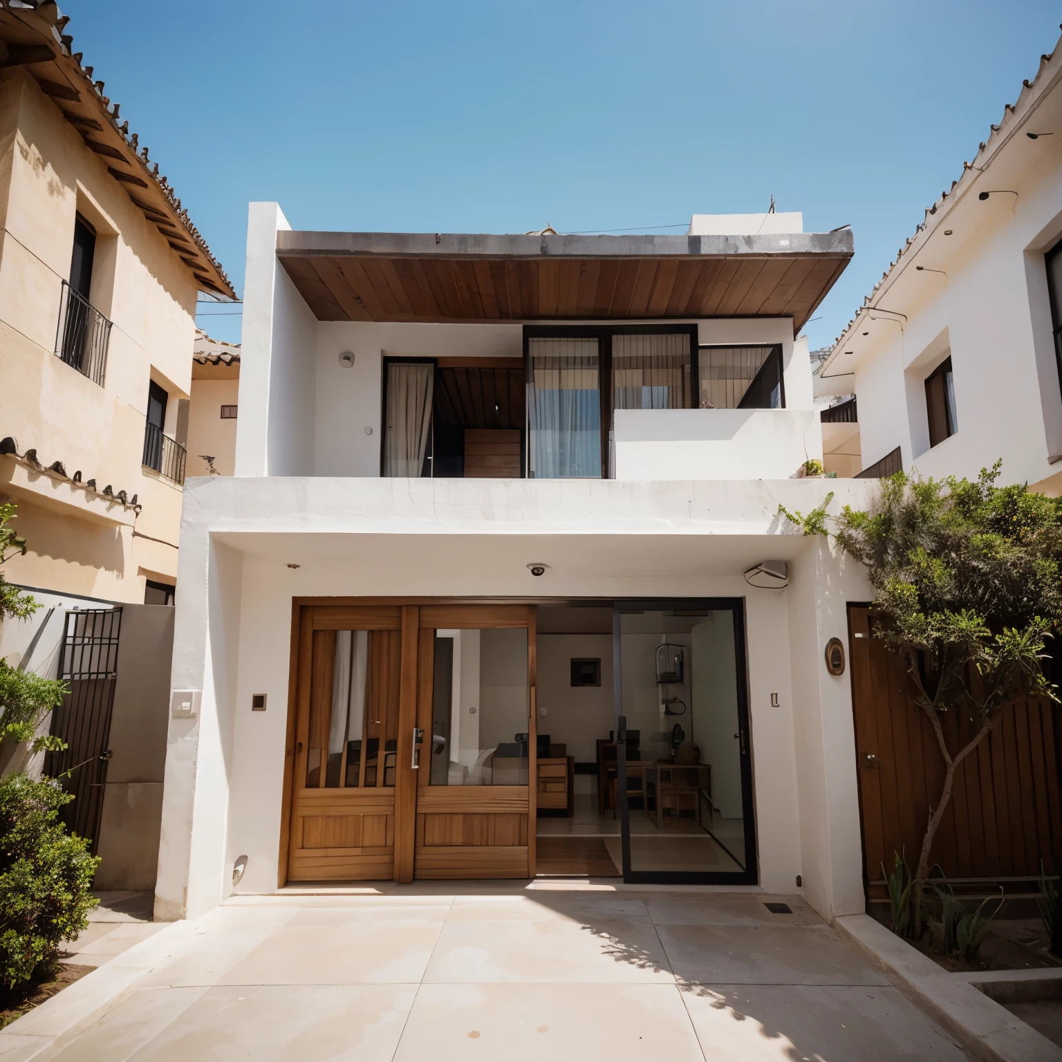 Fachada de casa moderna con dos ventanas y puerta al centro 