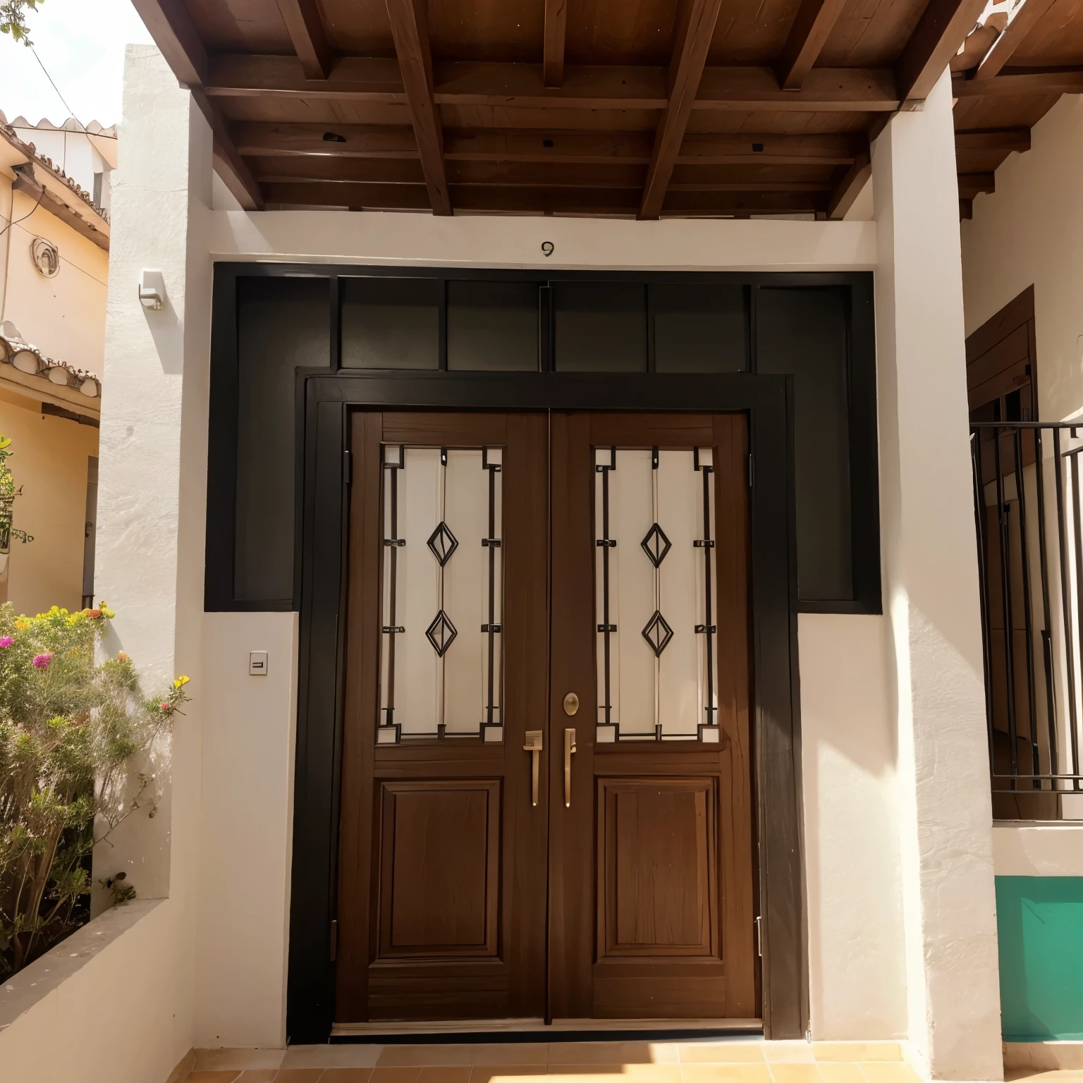 Fachada de casa moderna con dos ventanas y puerta al centro 
