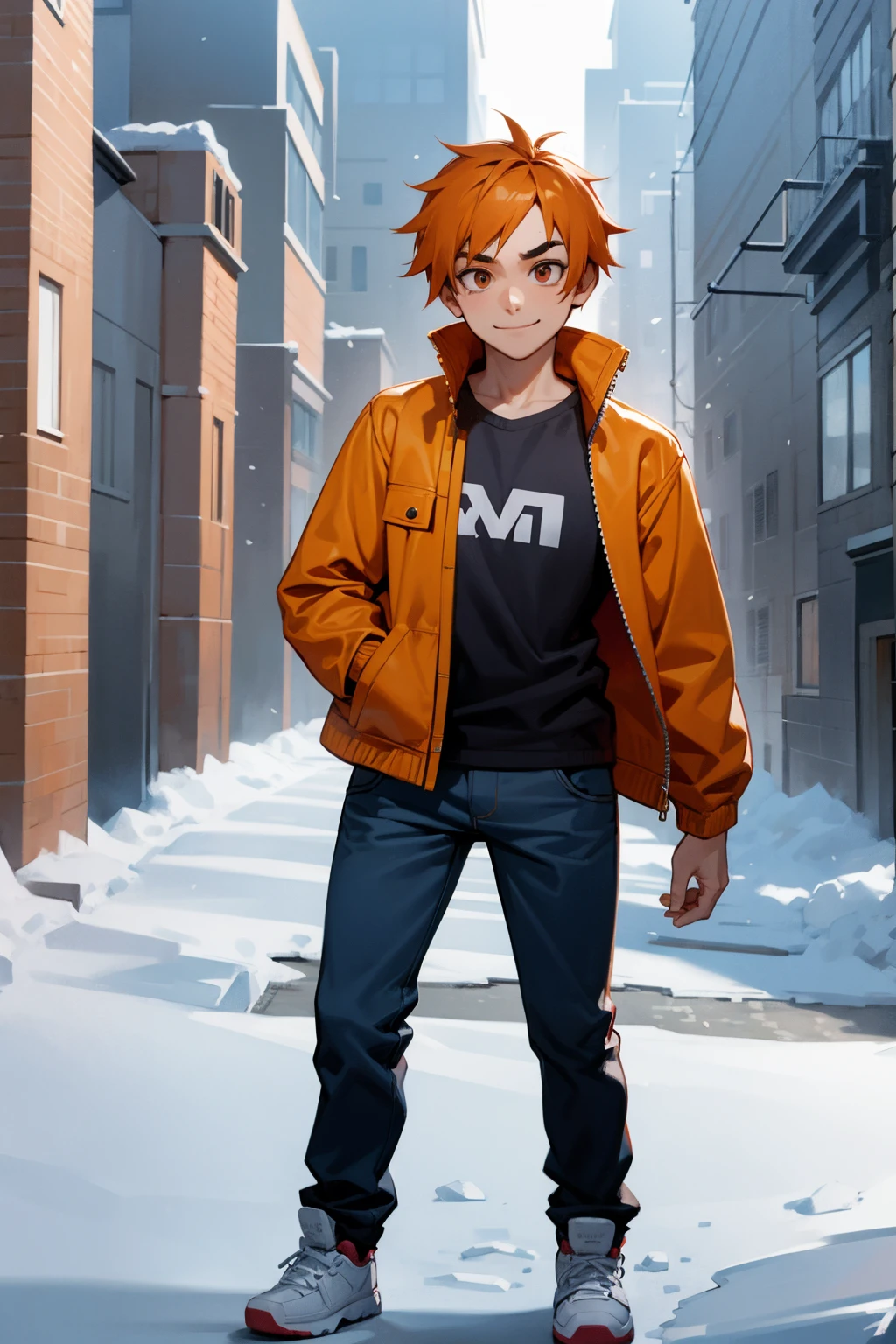 A boy, Scott Pilgrim, orange hair, shirt, jacket, thick eyebrows, standing in the snowy city looking at the camera and smiling, full-body shot