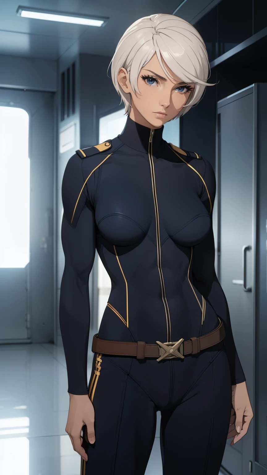 (masterpiece, best quality:1.2),(photoreal),perfect anatomy,solo, 1 middle woman,((looking at viewer)),horizontal angle,shoot from front,((small breasts:1.4)),((saggy breasts:1.2)),((muscular:1.7)),((do not hide your crotch)),((do not show your skin:1.1)),(cod lips),holding head high,(standing at attention:1.4),silver hair,pixie cut,((full covered body suit)),ultra thin fabric jump suit, uniform,belt,high heel,sharp focus