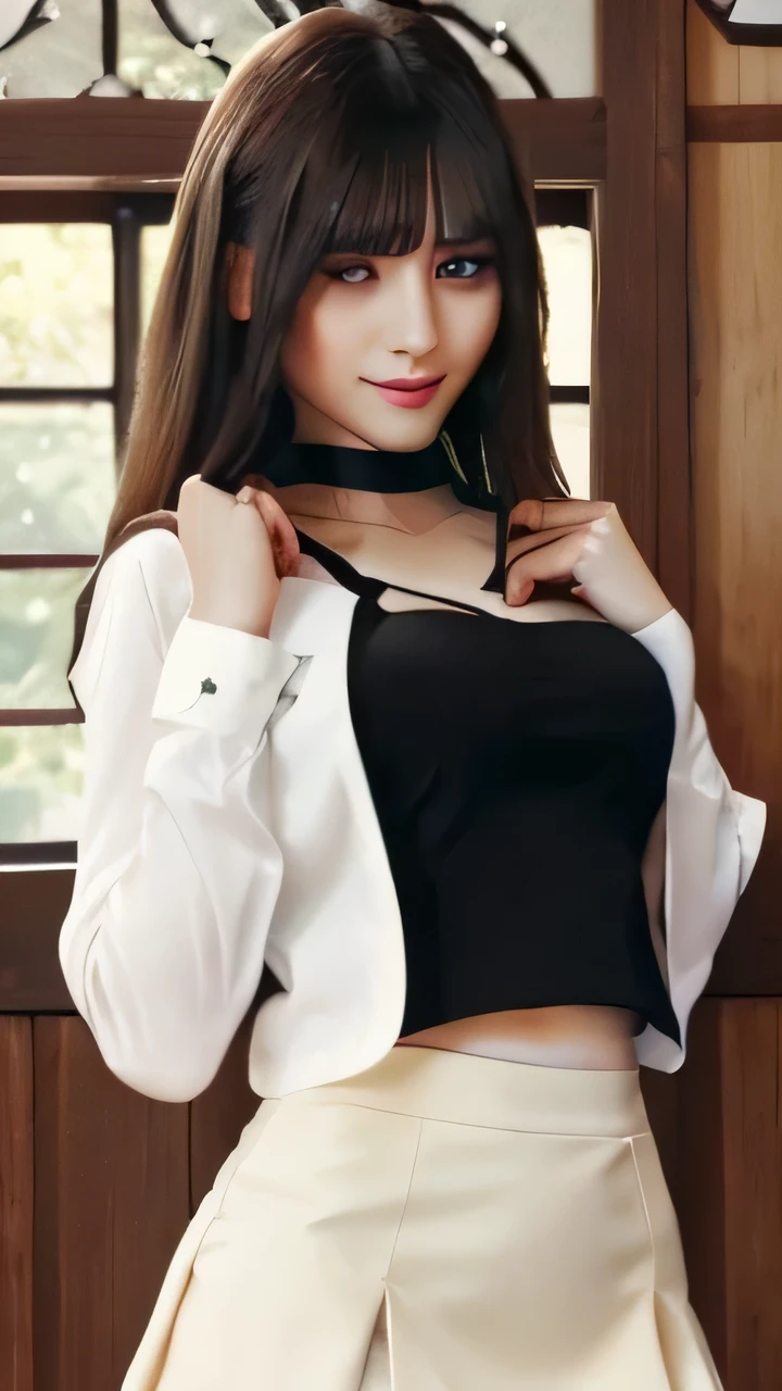 masterpiece, Front view, Cute Japanese aristocratic woman, (輝くBrown Hair, Straight Long Hair), ((Ivory tight shirt, mini skirt)), Very cute face, Glossy Lips, Double eyelids on both eyes, Natural Makeup, Brown Hair, Asymmetrical bangs, High resolution, Attention to detail, Detailed hairstyle, Detailed face, Octane Rendering, Ultra-realistic, Perfect limbs, ((Black choker)), blue eyes, (Big Breasts), ((Slim body:1.5)), Cool Beauty, ((Slim face)), smile, Mature Woman, Browsing Caution:-1.2, Long, Bushy Eyelashes, Cleavage, ((Rural outskirts)), vamp fangs:1.2, fangs
