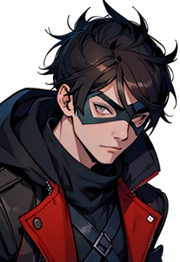 Concept ART, wearing Hero Domino mask , Human Male Young ager With dark hair  , manga Style  , wearing UP hood  Coat , 
