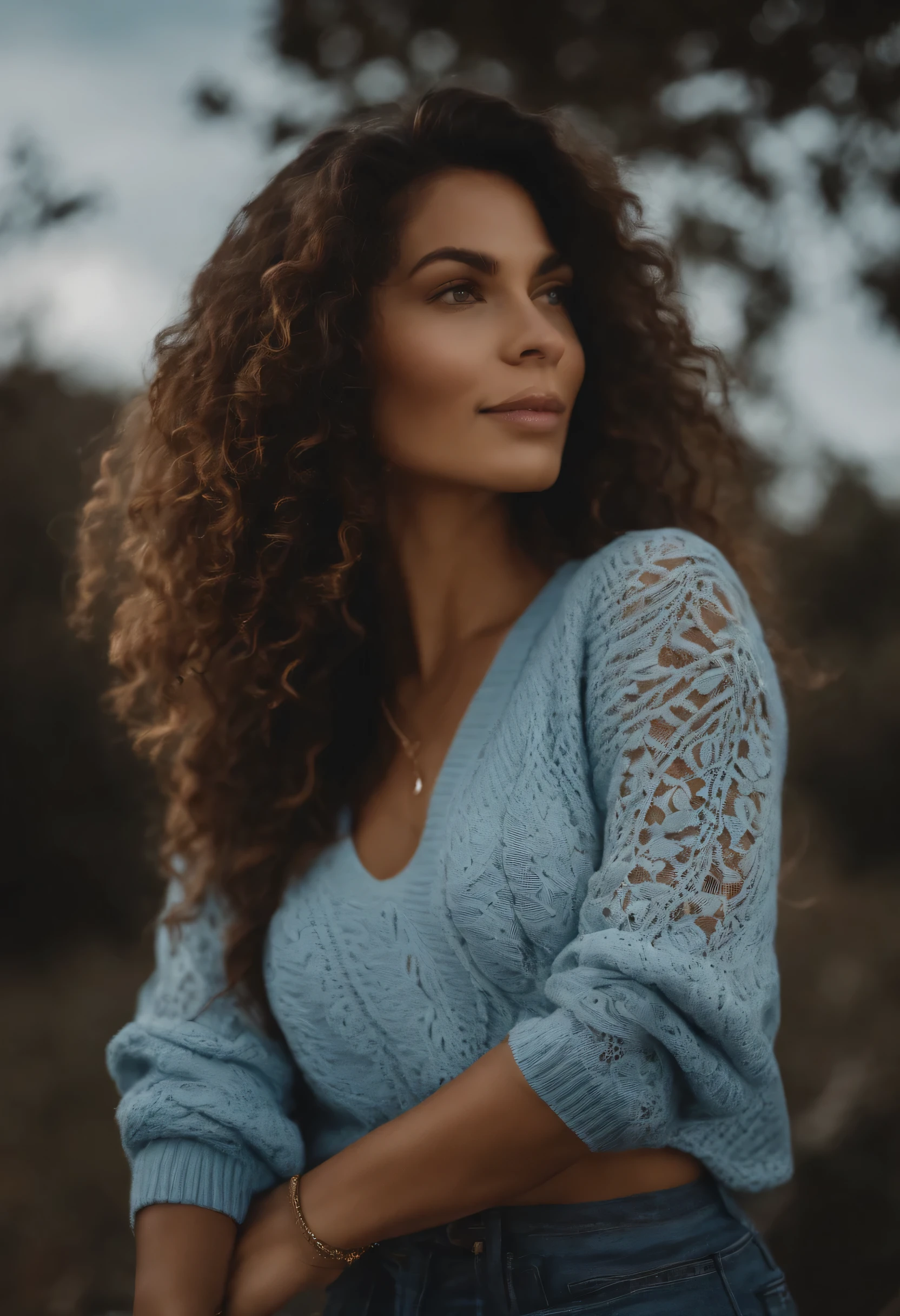 Fotorrealista, melhor qualidade, hiper detalhado, Mulher bonita, pequeno, Hispanic, Feiticeira Escarlate, Peitos de copo B,foto de selfie, parte superior do corpo, sozinho, wearing analog style blue lace sweater, Olhando para o Viewer, textura da pele, cinematic grain, fechar para cima, ultra-high resolution, Melhor sombra, .CRU, LUT do instagram