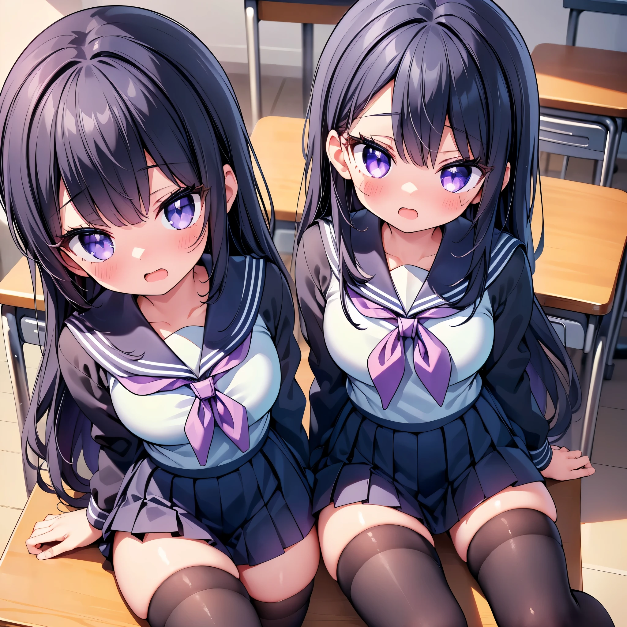 (cute eyes:1.2), (sparkling eyes:1.2), (8K、Best image quality、highest quality、masterpiece)、Detailed face、(2 girls)、Improve、(Black Hair, Purple Eyes, long hair)、(open mouth), (embarrassed), (skinny body:1.3),(small breasts), (sailor uniform:1.2), Sit on a chair, Classroom Background, (black stockings:1.1), (Thighs:1.1), (Waistline:1.1),(close-up shot of bust), (from above:1.2)