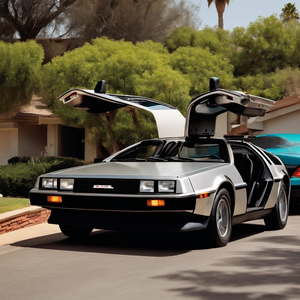 Retro sci-fi DeLorean parked in a California neighborhood, Not Hustle Wave Style, 1980s, Post-Internet Aesthetics, Reef Waves, Wet core, Transvanguardista, For infants--45 degrees