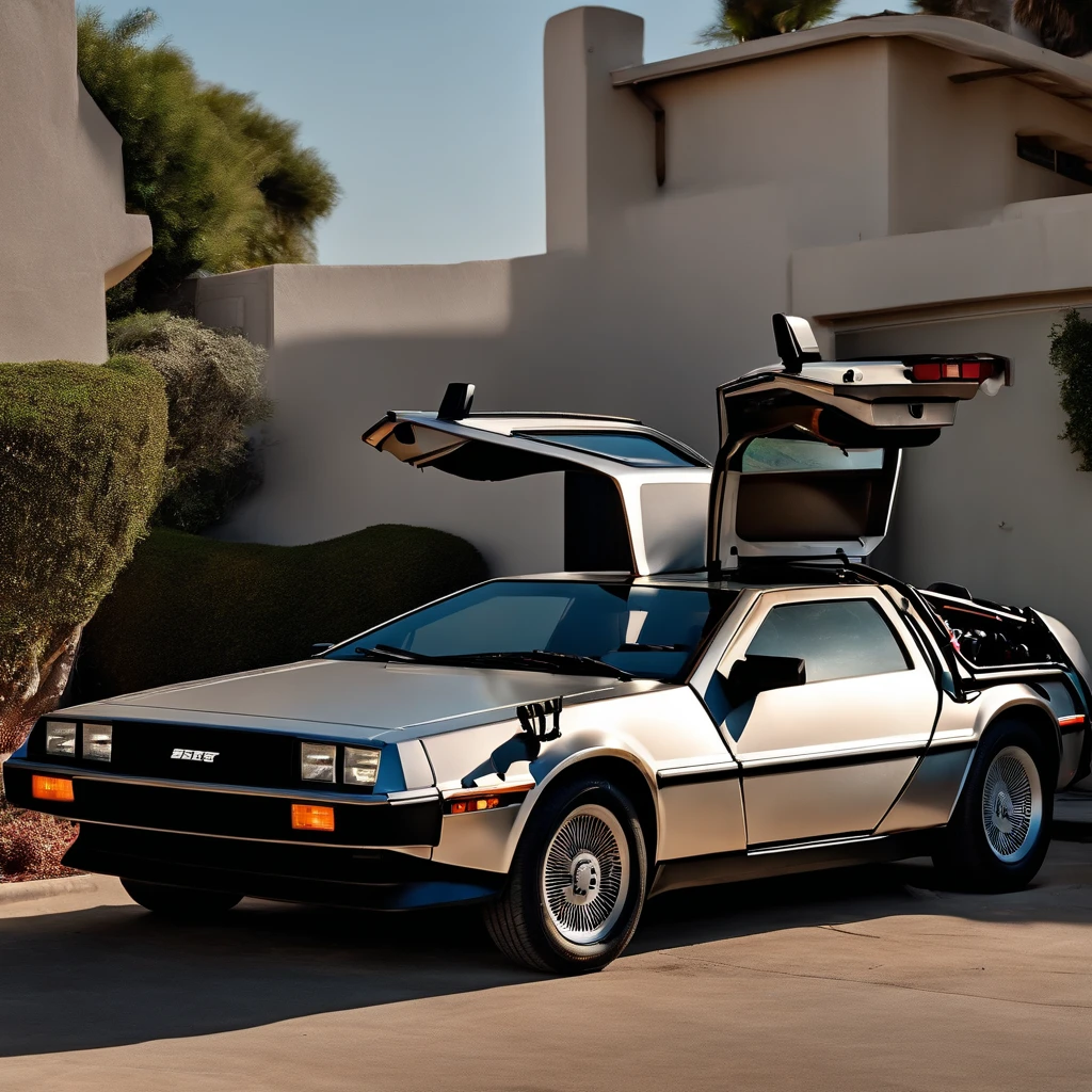 Retro sci-fi DeLorean parked in a California neighborhood, Not Hustle Wave Style, 1980s, Post-Internet Aesthetics, Reef Waves, Wet core, Transvanguardista, For infants--45 degrees