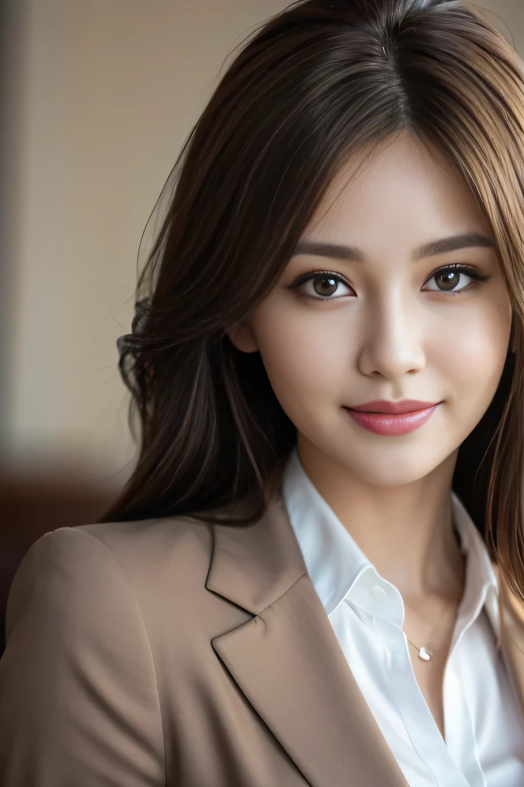 Tabletop, highest quality, Realistic, Very detailed, finely, High resolution, 8k wallpaper, One beautiful woman,, Light brown messy hair, Wear a business suit, Sharp focus, Perfect dynamic composition, Beautiful and detailed, Thinning hair, Detailed Realistic skin texture, smile, Close-up portrait, Model Body Type