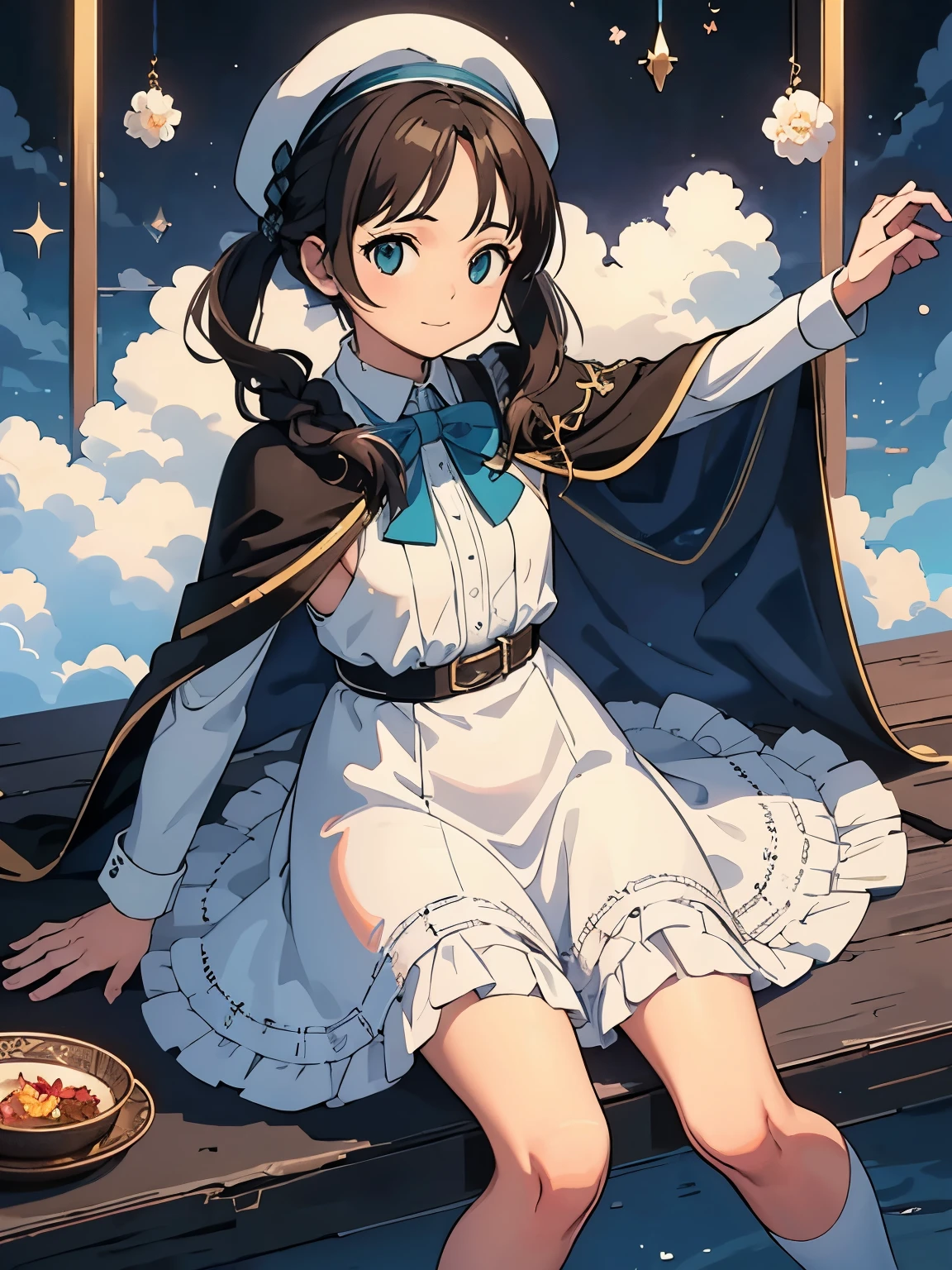 (masterpiece、highest quality、highest quality、Official Art、Beautiful and beautiful:1.2)、(One girl:1.3)Hatsune Miku、Twin tails,Big Breasts,masterpiece, One girl, Sparrow, Brown Haired Girl, Wearing white medieval maiden clothes, Curly shorthair, Messy Hair, The body is slim, Wearing a golden capelet and hood, He closed her left eye., Shirt decoration, Aqua Eye, Show her your back, Ahoge, Black vest, Baby Face, Small breasts, Beautiful breasts, Round Breasts, Braid, White Beret, Long sleeve, Beautiful Eyes, White Stockings, Bright Eyes, skirt, brown skirt, plaid skirt, Her age is 10 years old, Bright expression, she , sheパンを食べる, sheパン屋に座っている