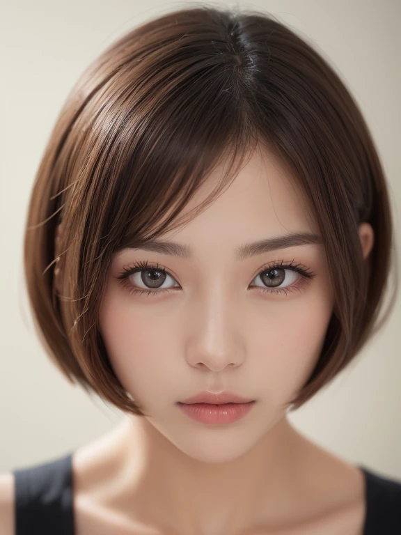 ((Close-up photo of the face:1.4))、(masterpiece:1.5)、(8k)、(Photorealistic:1.5)、RAW Photos、(Best image quality:1.4)、(Sharp focus:1.5)、 highest quality、masterpiece、超A high resolution、Perfect dynamic composition、 20-year-old、thin、Beautiful woman:1.4、Serious expression、 In the living room、Wearing a camisole、 Light brown hair、Bobcut、Shiny Hair、 Super detailed face、Detailed eyes、double eyelid、 Natural color lip、Clear Skin、