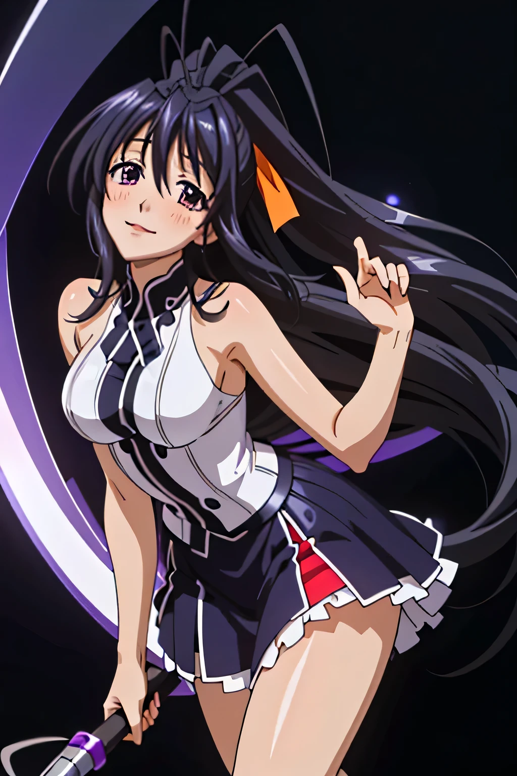 Himejima Akeno、Long Hair、(draw the eyes:1.2)、one person 、smile 、blush 
、mini skirt
、Looking up from below
、Kick up your legs
、(highest quality) 、(Fine skin:1.3)