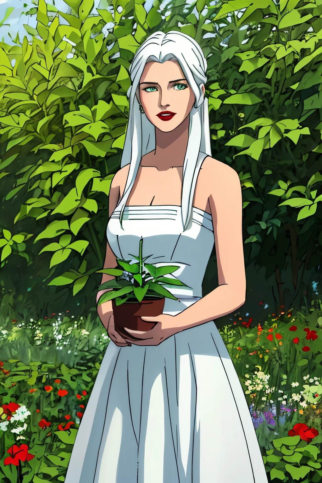 Masterpiece, Best Quality, Ultra-Detailed, 1 girl, young, 19 years old, extreme beautiful, white hair, green eyes, red lips, ((nature dress:1.0, dress made of plants, plant dress)), serious expression, looking at you, garden background 