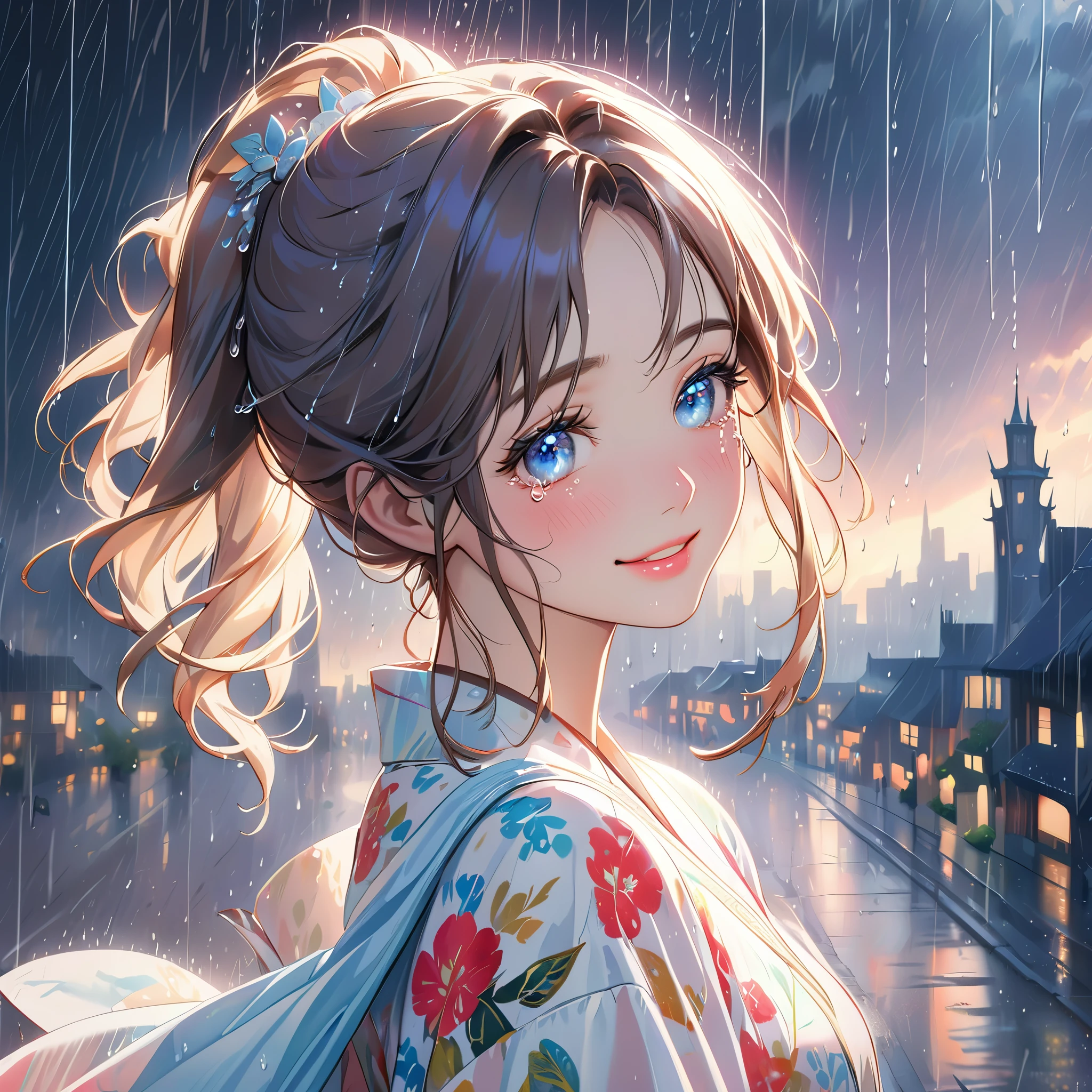 best quality, highres, ultra-detailed, realistic:1.37, vibrant colors, portrait, soft lighting, long eyelashes, sparkling eyes, glossy lips, detailed skin, retro pattern, pastel colors, ((smile while crying1.2)), ((shedding tears:1.8)),, sad look, dreamy atmosphere, elegant pose, nostalgic vibes, glittering highlights, flawless complexion, 80s style fashion, retro hairdo, pink blush, delicate features, diamond-like eyes,((rain squall:2.5)),((Dark city silhouette background:2.0))