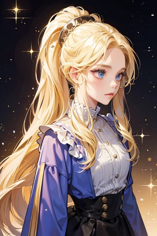 She has long blonde hair that she fashions in a ponytail. SPARKLE; GLITTER
