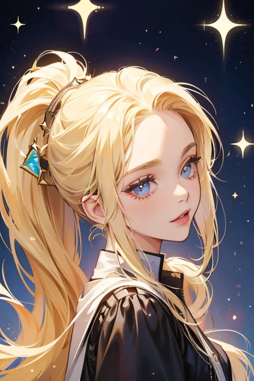 She has long blonde hair that she fashions in a ponytail. SPARKLE; GLITTER