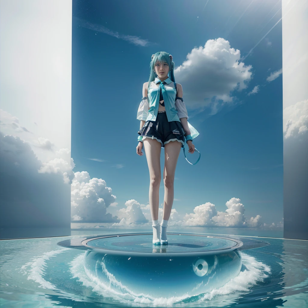 hatsune miku, modern, futuristc, vocaloid, ultra detail image, high resolution, flying on the air, on a empty place, alone, anime, close, happy, vocaloid