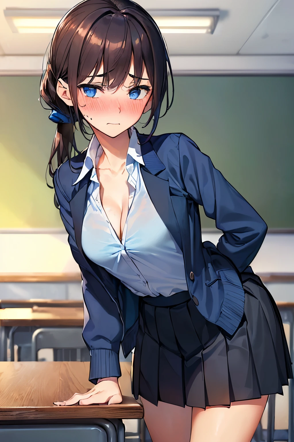 ((best quality)), ((masterpiece)), ((detailed)), (((perfect face))), (((slender 18yo teenage girl leaning forward))), (((dark blue jacket))), ((dark blue pleated skirt from waist to thighs))), ((dark brown hair)), ((short ponytail)), (((blue eyes))), ((shy:1.3)), ((blushing:1.5)), (((looking up at viewer))), (((unbuttoned white shirt))), (((classroom))), (((cleavage:0.9)))