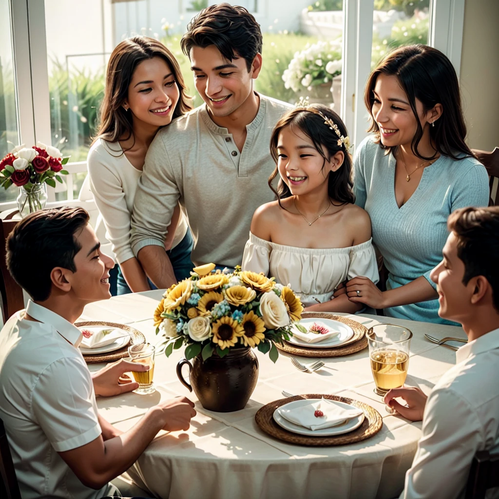 A heartwarming, cinematic scene of a family gathered around a beautifully set table for Mother's Day celebration. The mother, wearing a radiant smile, is the focal point at the center of the table, with her husband and children surrounding her, each expressing their love and affection. A vase of fresh flowers adorns the table, adding a touch of elegance and a sense of unity. The sunlight streams in, casting a warm golden glow on their faces, accentuating their happiness and joy. The laughter and smiles of the family capture the essence of a memorable and loving gathering on this special day., photo, cinematic, 