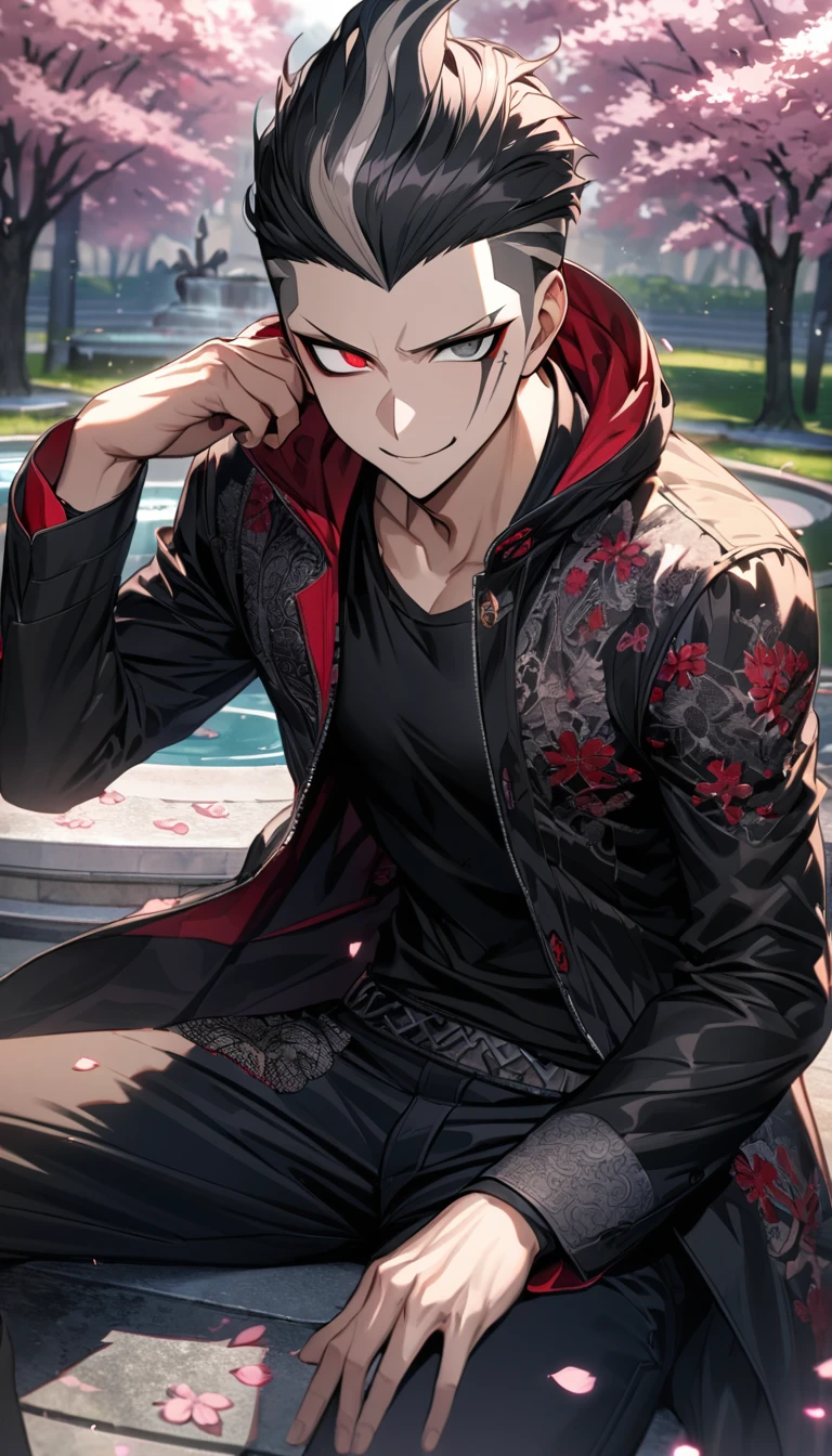 Ultra detailed, Highres, absurdres, HDR, Tanaka Gundham, black hair, heterochromia, expressive right red eye, left eye is gray, black long coat with patterns with a hoddie, Danganronpa, pink flowers, petals, handsome, sexy man, solo, very detailed eyes and face, park, fountain, black pants, cherry blossoms, black tight t-shirt, master piece, smirking, toned chest, sitting