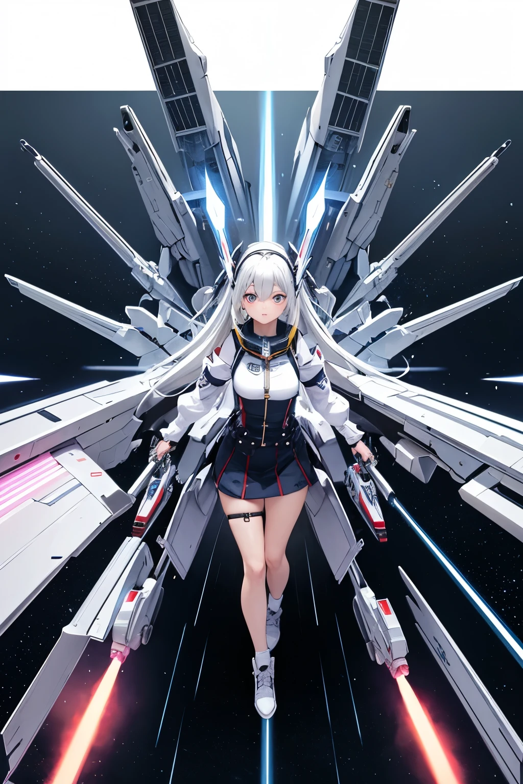 （（（highest quality、first-clasasterpiece、Normal body、8k、Detailed face、Ultra-precision、Normal hand、Normal finger、５Finger、）））Silver-white hair、Machine Angel、Large mechanical wings、Large booster、Large thruster、Sun visor、Thought-guided remote-controlled weapon、Full Armor、Beam rifle、Beam Shooting、Running through space、Beam Sword、Fighting space monsters、Variable Beam Launcher、multi missile、Mega Beam Cannon、In combat、Dogfight、High Maneuver、fleet battle、Destroy enemy ships、High mega particle cannon firing