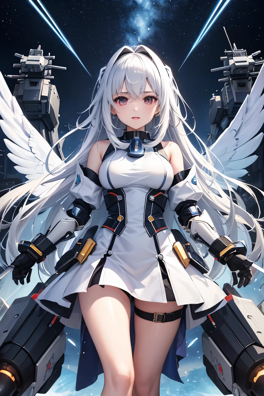 （（（highest quality、first-clasasterpiece、Normal body、8k、Detailed face、Ultra-precision、Normal hand、Normal finger、５Finger、）））Silver-white hair、Machine Angel、Large mechanical wings、Large booster、Large thruster、Sun visor、Thought-guided remote-controlled weapon、Full Armor、Beam rifle、Beam Shooting、Running through space、Beam Sword、Fighting space monsters、Variable Beam Launcher、multi missile、Mega Beam Cannon、In combat、Dogfight、High Maneuver、fleet battle、Destroy enemy ships、High mega particle cannon firing