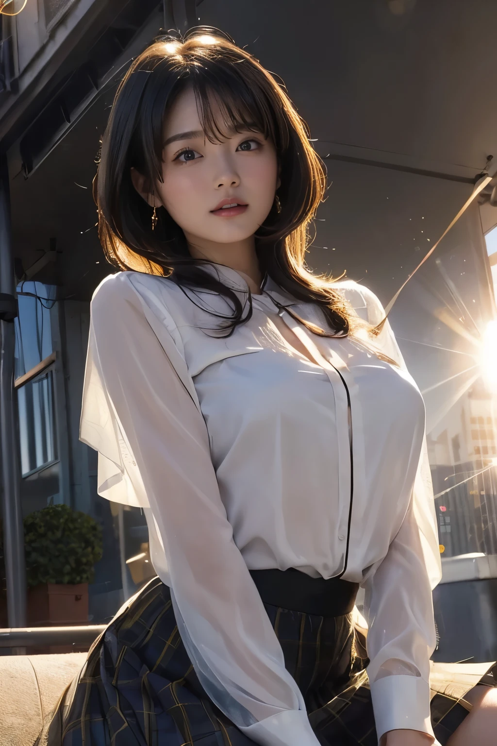 (a westerner woman), round face, (((see-through sunlight her skirt, blouse))), spread legs, angle from below, (((lens flare))), strong sunlight, downtown, on the stares, short hair, tiny earrings,
