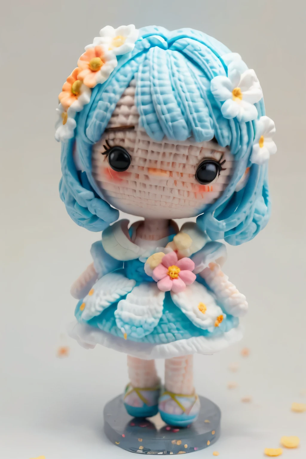 photoRealstic、Doll standing in front of the painting(nendroid)、A smile、Water droplets on the cheeks、In a cute pose、watercolor Nendoroid、(High Definition Figure)、Flowing iridescent silk、up of face、Eye Up、Colorcon with heart pattern、Floral dresaking a heart with both hands、There are also flowers in front of the nendroids、flower petals、season!!: summer☀ 🍂