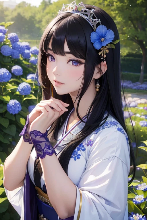 (best quality,4k,highres,masterpiece:1.2),ultra-detailed,(realistic:1.37),a princess from the Heian period, Japanese black hair,beautiful purple eyes,dancing,flower garden,blue Nemophila verydetail hands,
