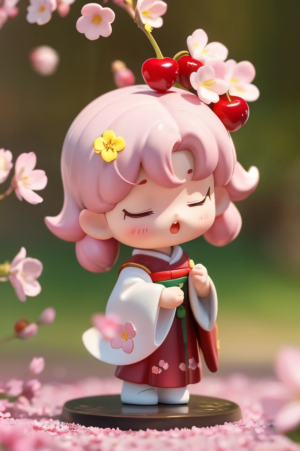 The doll standing in front of the painting、Yawning face、baby face、rococo style、(Highly detailed characters)、Flowing cherry-colored silk、Cherry blossom petals、Flowing cherry blossom silk、Photographed from the side、Strong bokeh、season!!: 🌸 ☀ 🍂 ❄