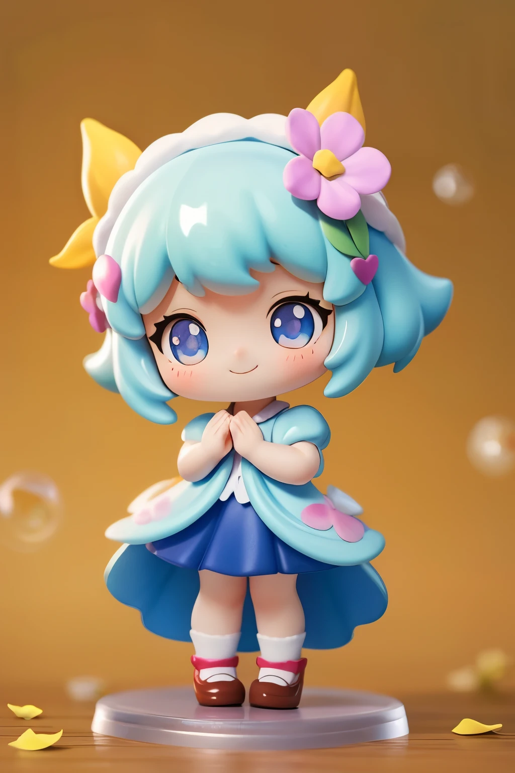 photoRealstic、Doll standing in front of the painting（nendroid）、A smile、Water droplets on the cheeks、In a cute pose、watercolor Nendoroid、(High Definition Figure)、Flowing iridescent silk、up of face、Eye Up、Colorcon with heart pattern、Floral dresaking a heart with both hands、There are also flowers in front of the nendroids、flower petals、season!!: summer☀ 🍂