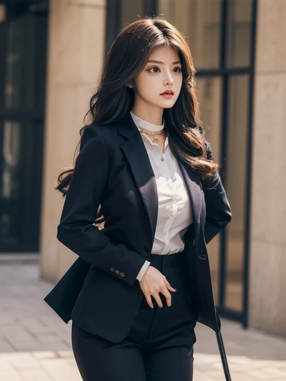 ((highest quality, 32k)), ((masterpiece)), (Familiar), Perfect Face, Fox Girl, Beautiful girl, public, Has a tail, She has a fox tail, She stands up her fluffy tail, cat collar, Beautiful hip line, Big Breasts, She is wearing a business suit, A big tail sticks out, Troubled face, Nice body