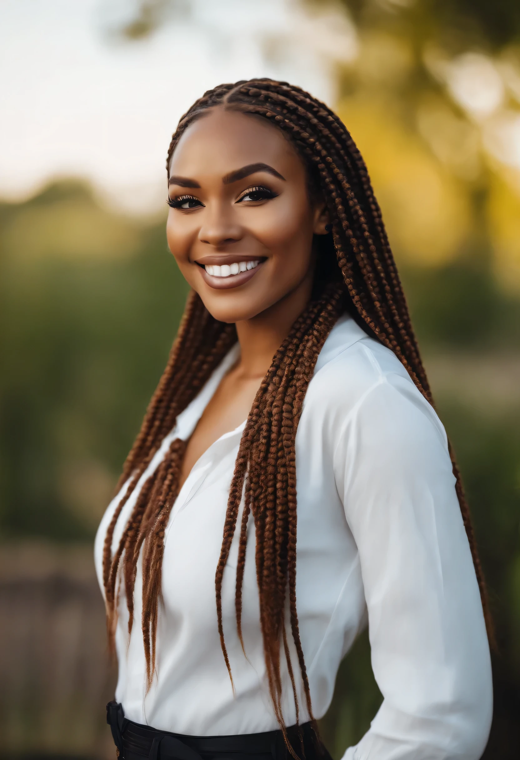 Beautiful black woman with detailed brown box braids, grandes olhos castanhos, long eyelashes, Camisa lisa branca, sorridente, realista, 4k had Nikon camera filmed