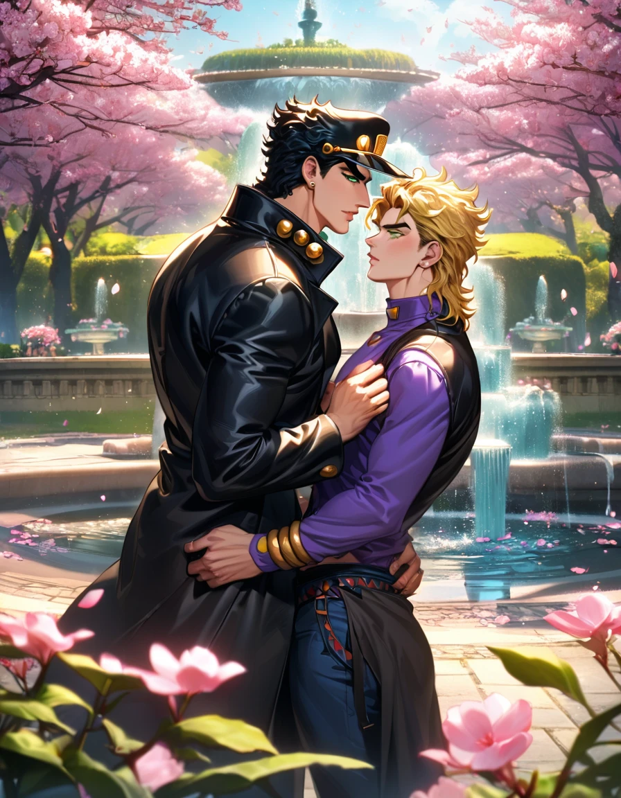 absurdres, highres, ultra detailed, HDR, master piece, best quality, Jotaro Kujo, black hair, expressive green eyes, Jojo bizarre adventure, Dio Brando, blonde hair, expressive green eyes, two men together, gay couple, handsome, black leather coat, purple shirt, pink flowers, pink petals, pink butterflies, blossoms, park, fountain