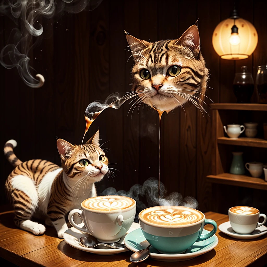 A whimsical and playful Shaun Tan illustration featuring a steaming cappuccino on a wooden table. The frothy surface sparkles, inviting the viewer's gauze, while the pristine, white froth contrasts with the warm, brown coffee. Above the scene, a quirky cat, reminiscent of a Shaun Tan illustration, perches on the edge of the cup with a mischievous grin. The cat's whiskers flare out, and fur is askew, adding to the humorous nature of the moment. This delightful and lighthearted scene captures the essence of a caffeinated adventure, full of laughter, whimsy, and the unexpected joy of sharing a warm beverage with a playful feline companion. A whimsical and playful Shaun Tan illustration featuring a steaming cappuccino atop a wooden table, with a sparkling frothy surface that invites the viewer's gaze. The warm, brown coffee contrasts with the pristine, white froth. Suspended above the scene, a quirky cat reminiscent of a Shaun Tan creation perches on the edge of the cup, sporting a mischievous grin and flared-out whiskers. The lighthearted and fantastical atmosphere encapsulates the essence of a caffeinated adventure, filled with laughter, whimsy, and the unexpected joy of sharing a warm beverage with a playful feline companion.