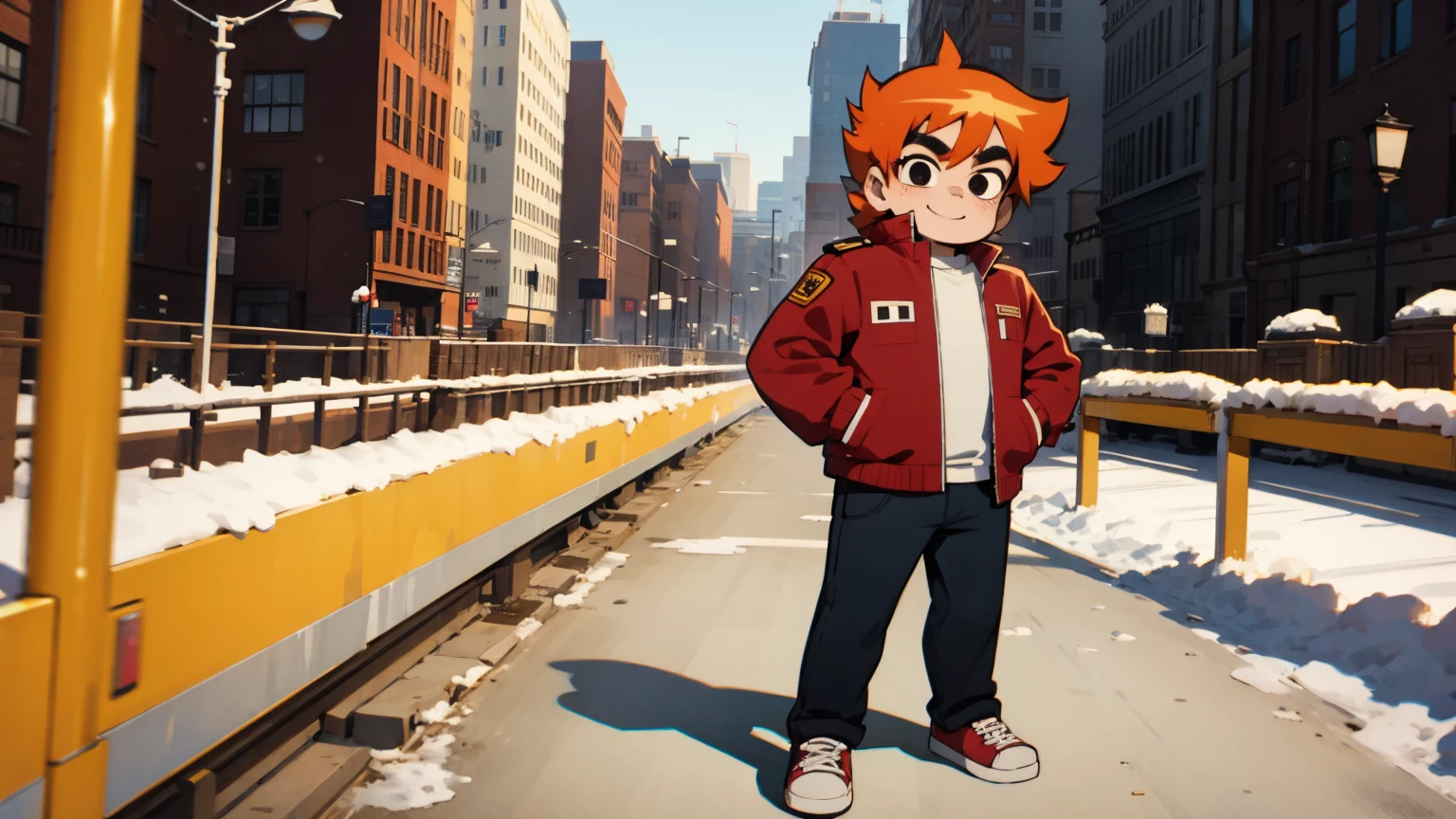 A boy, Scott Pilgrim, orange hair, shirt, jacket, thick eyebrows, standing in the snowy city looking at the camera and smiling, full-body shot