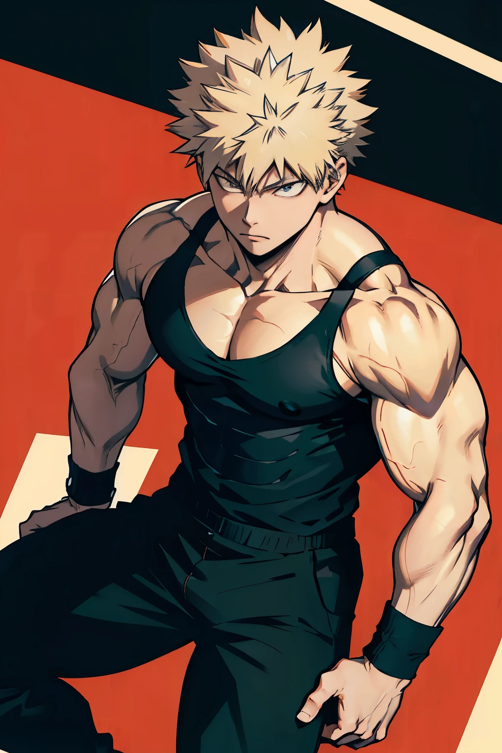 Katsuki Bakugo from Boku No Hero Academia, wearing black gym pants and black tank top, bodybuilder, defined body, abs, seen from above