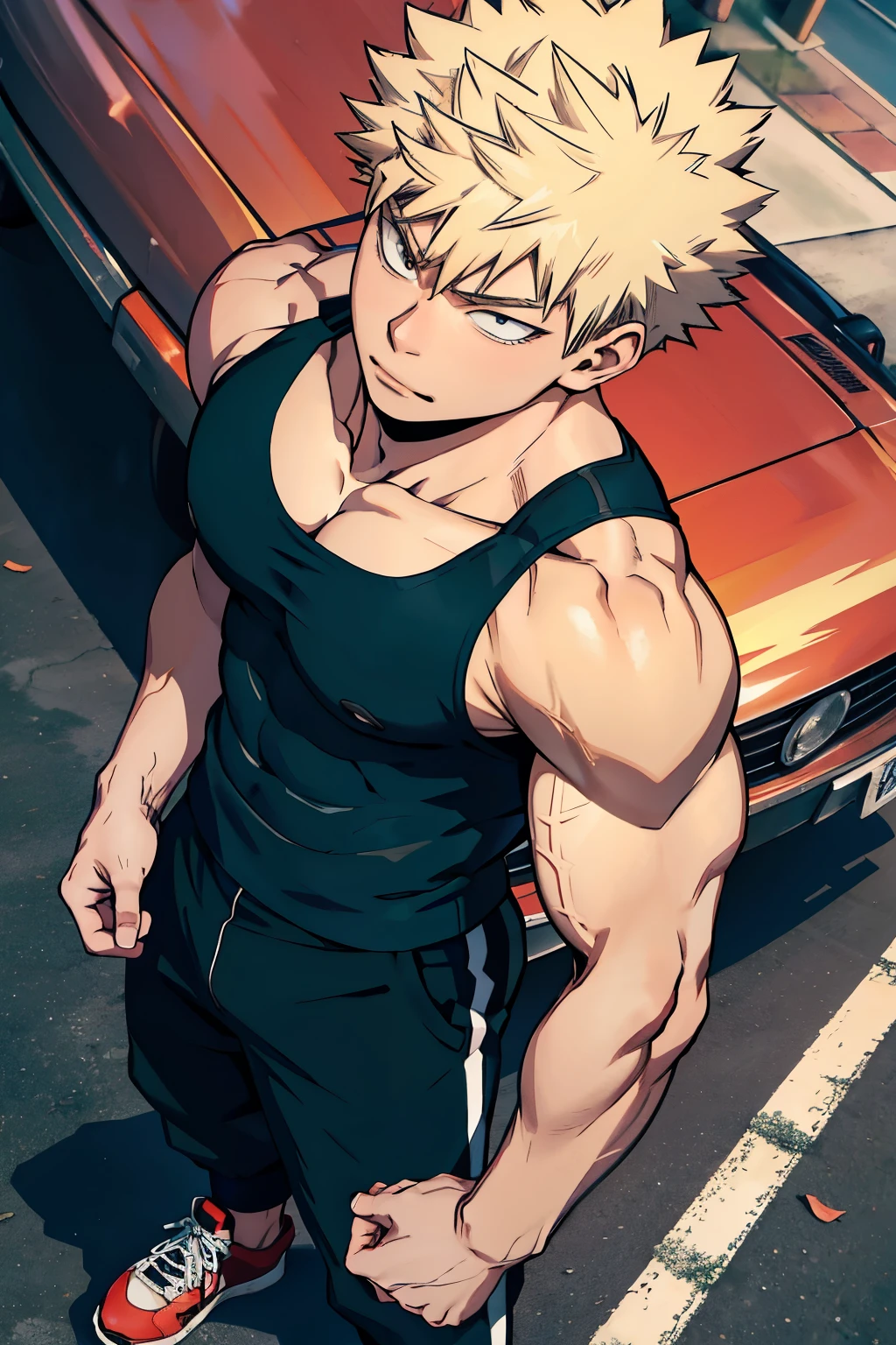 Katsuki Bakugo from Boku No Hero Academia, wearing black gym pants and black tank top, bodybuilder, defined body, abs, seen from above