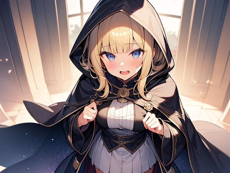 Masterpiece, Top quality, (1 beautiful girl), junior high school student, Blonde, short Hair, wavy Hair, blunt bangs, standard weight, (very small breasts), ((very large dark sorceress long robe with hood)), pleated skirt, smug, open mouth, chanting magic, beautiful scene of fantasy world, cowboy shot, Clothes swaying in the wind, ((from above)),magic circle