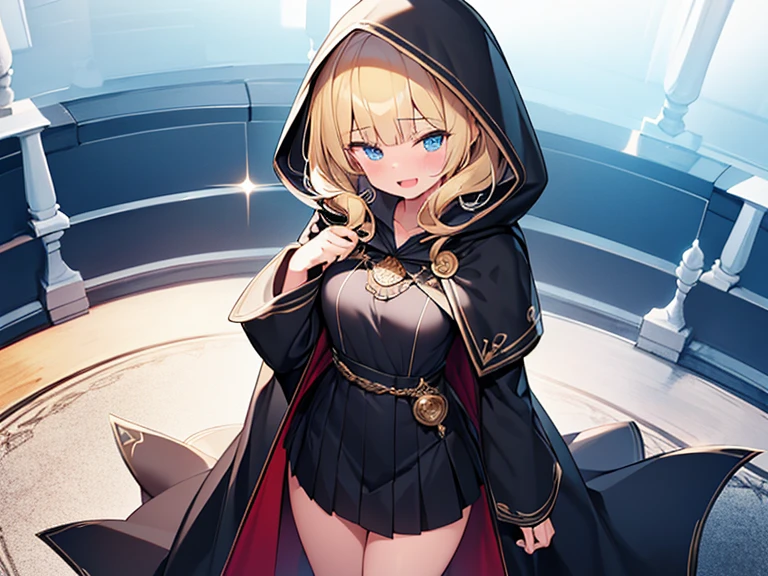 Masterpiece, Top quality, (1 beautiful girl), junior high school student, Blonde, short Hair, wavy Hair, blunt bangs, standard weight, (very small breasts), ((very large dark sorceress long robe with hood)), pleated skirt, smug, open mouth, chanting magic, beautiful scene of fantasy world, cowboy shot, Clothes swaying in the wind, ((from above)),magic circle