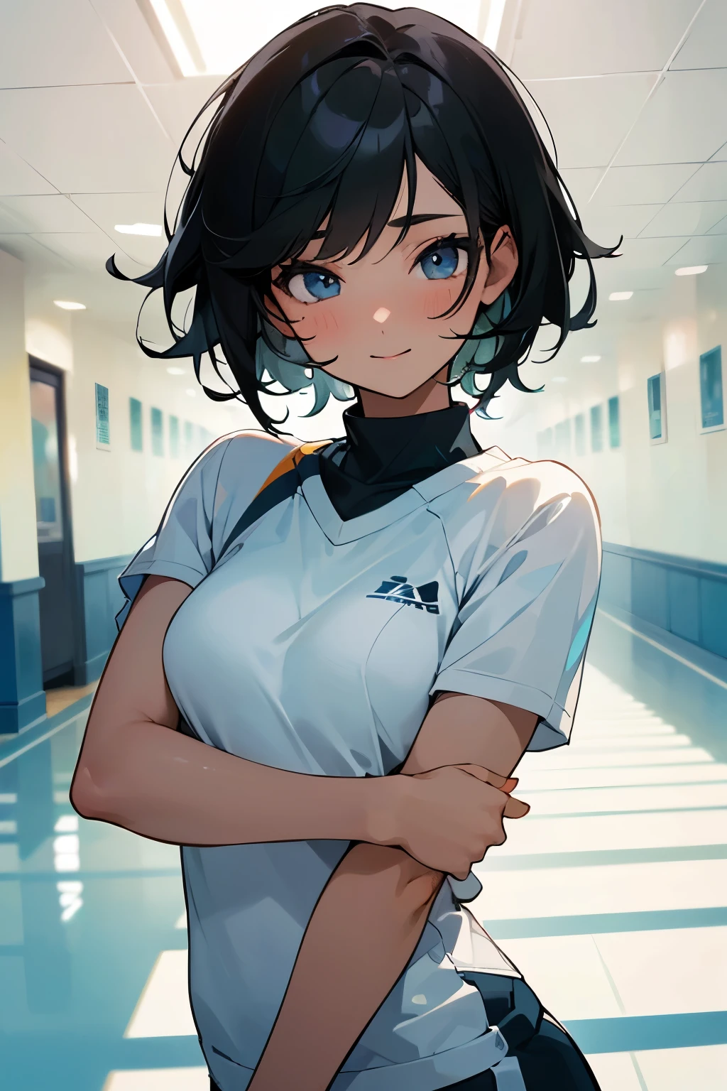 UHD, masterpiece, textured skin, super detail, high details, high quality, award winning, perfect eyes, best quality, HD, upper body shot, (1Girl, Asian, Happy, Beautiful, short black hair, athletic, wearing white athletic clothes, (looking at POV)), (In a school hallway)