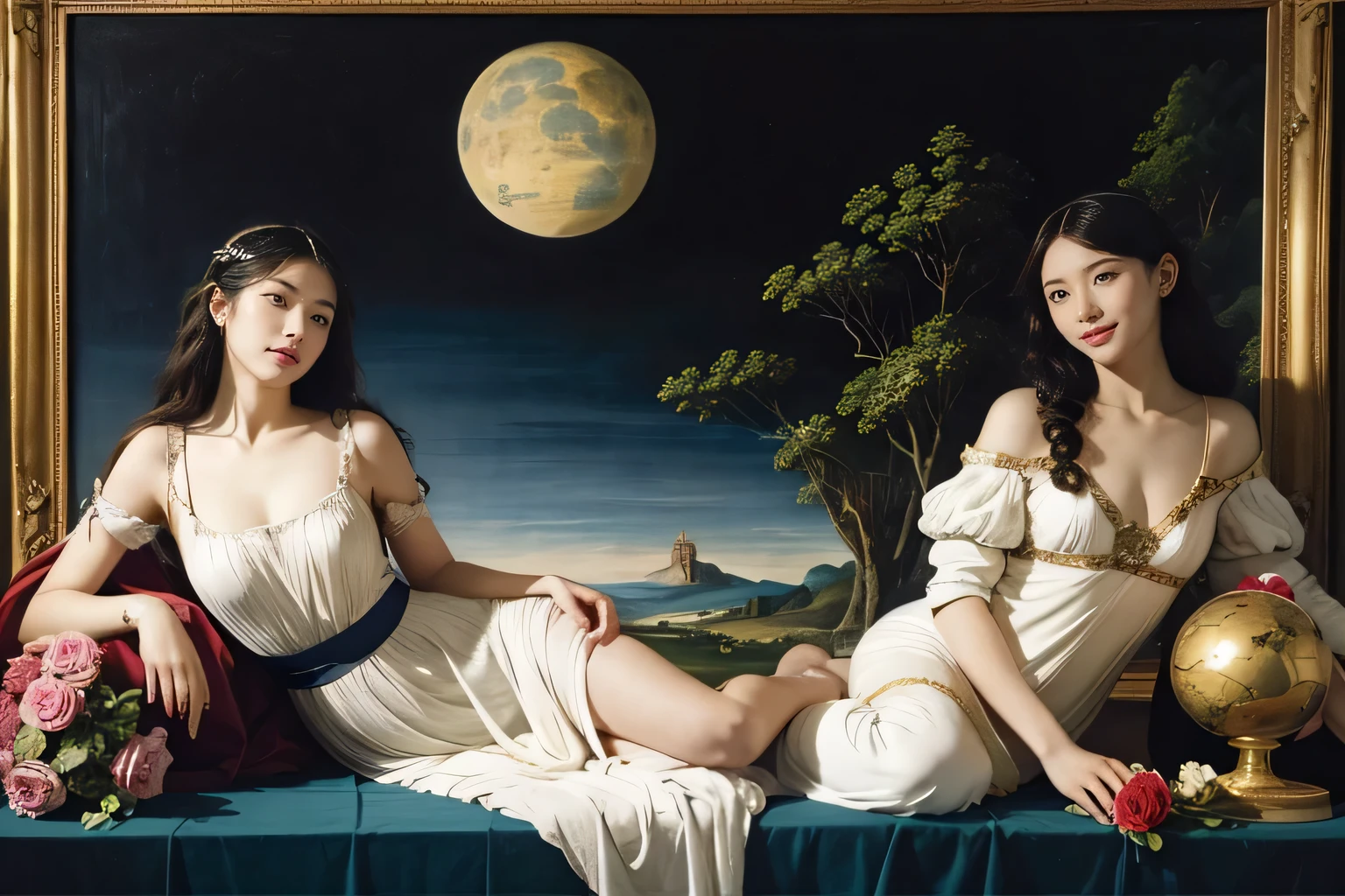 full body portrait or statue、Sandro Botticelli painting style,Arguments of two female Philosophe,math、astronomical machine、astronaut、roses in vase、fruits、Cute trinkets、smile、ancient greek costume、Ancient Roman landscape in the style of Nicolas Poussin,laughter,,Sweet and seductive appearance.、Caravaggio's paintings、Chiaroscuro of Caravaggio、hair tousled by the wind,Two women frolicking,cute smile, expression of ecstasy,Sexy,erotic