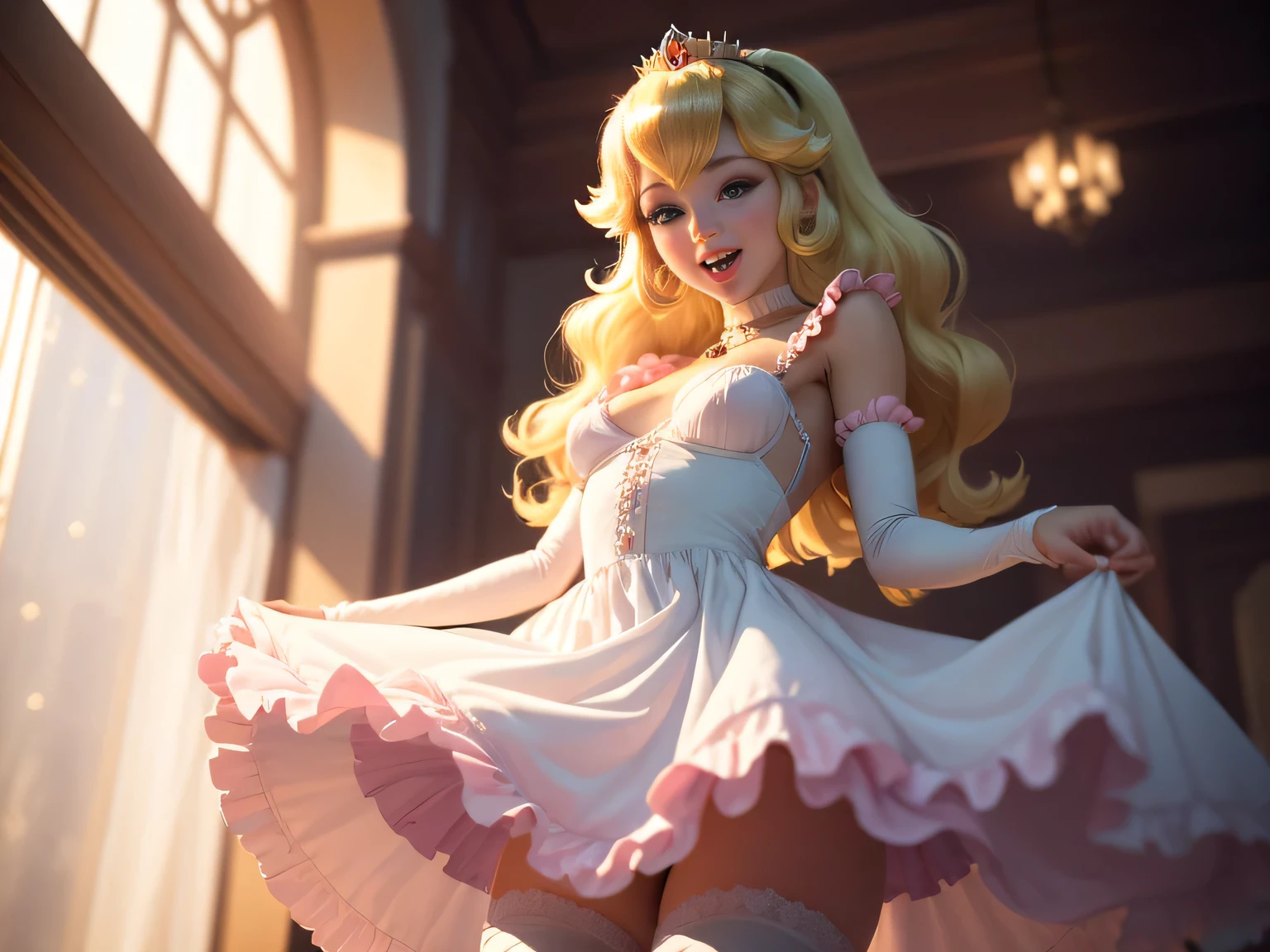 1 girl, Princess Peach, blonde hair, blue eyes, (frilly), gentle, gentle light, soft, soft light, delicate, jewelry, small breasts, (pink dress, white frilly thighhighs, petticoat), sweet, excited, (vagina)