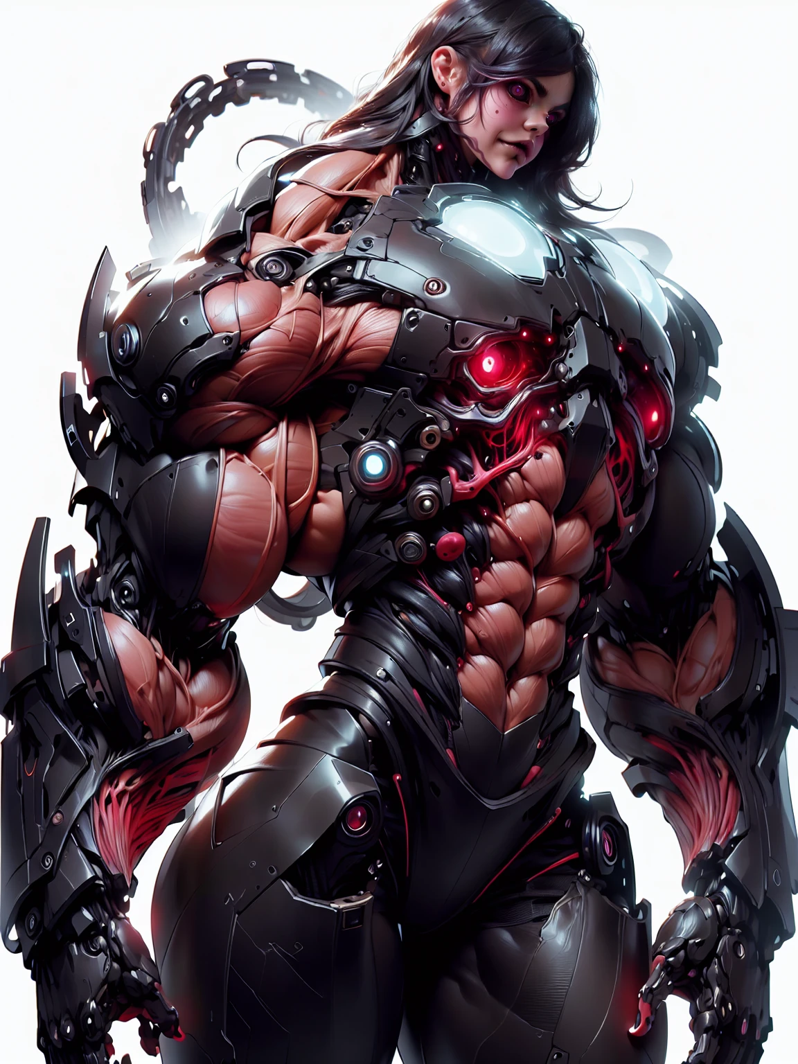 (1 girl), (cara delevingne), (muscular android girl wearing a black anatomic cybernetic muscle suit:1.25), (wide shoulders:1.25), (muscular defined physique:1.25), perfect hands, long hair, large breasts, high resolution image, extreme detail, blank background