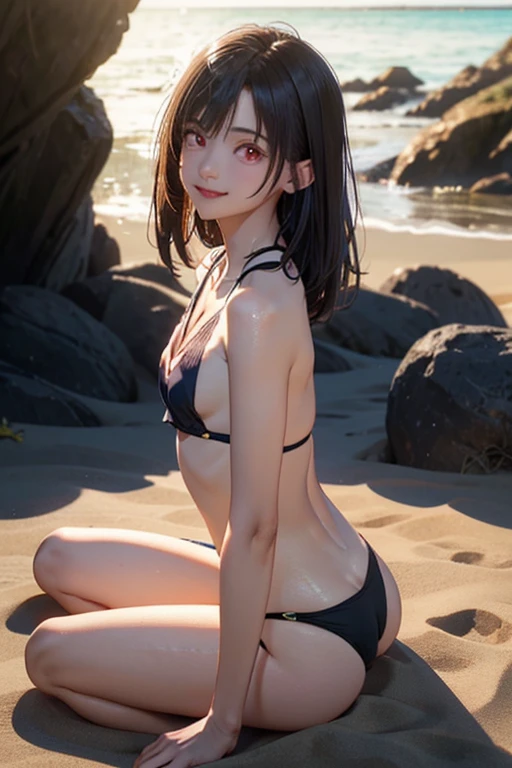 masterpiece, best quality, ultra detailed, highres, extremely detailed CG unity 8k wallpaper, perfect lighting,  very detailed background, Outdoor、beautiful and aesthetic,sharp focus, perfect face, Perfect hands、Perfect Fingers、Perfect toes、Five fingers、
1lady、 smiling、
short black hair, large red eyes、delicate oval face、(flat chest:1.9)、Underlim figure、underboob、
Purple triangle bikini、Seaside、(Sandy Beach:1.3)、Sunset、Sunset、
thin thong、barefoot、Sitting、View your viewers、
Ambient light、Volumetric Light、shoot from side、(Glowing Skin:1.7)、