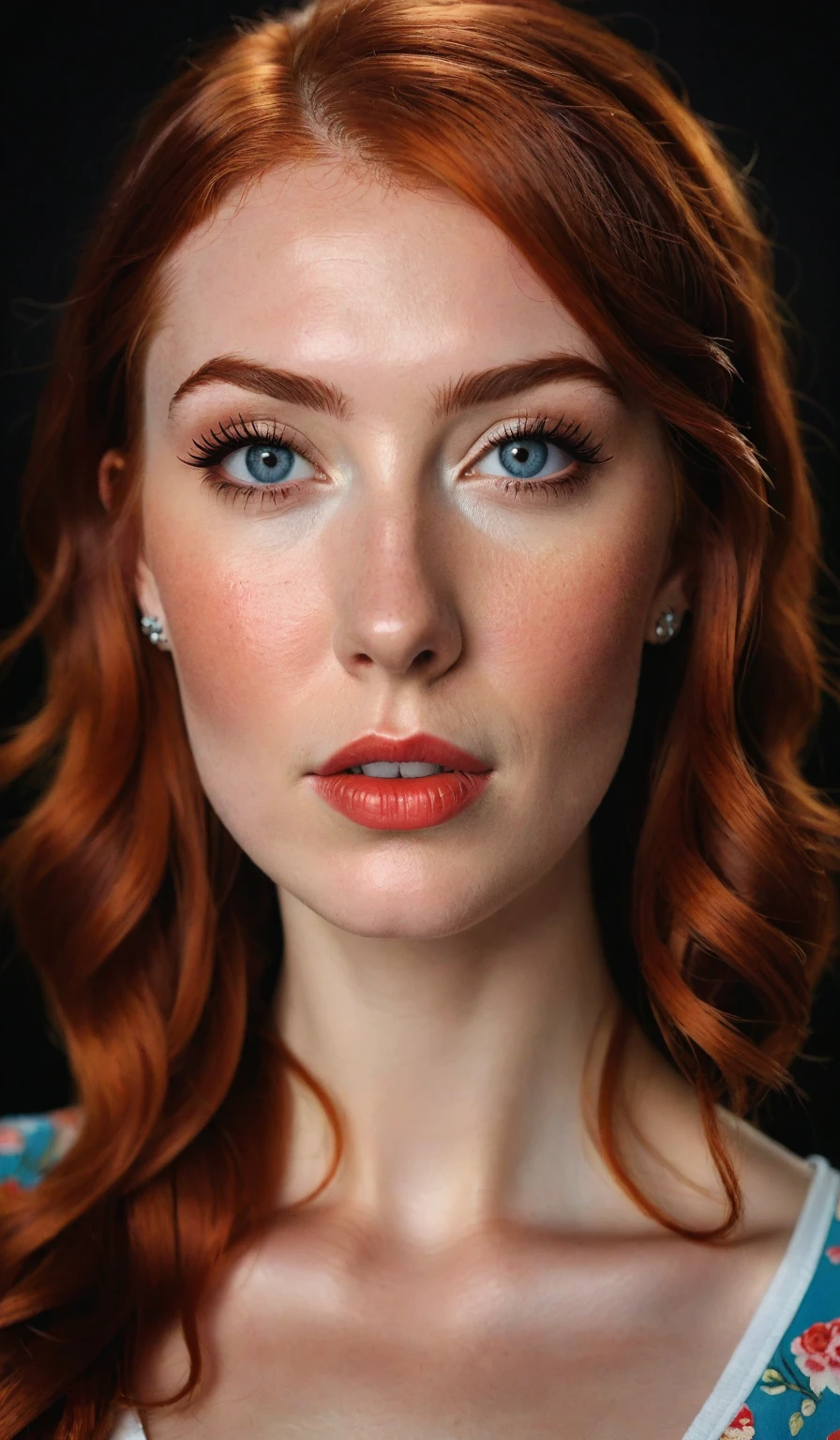 (best quality,ultra-detailed,realistic:1.37),portrait,pop singer Mandy Lee from the band MisterWives,wide face,fiery red hair,freckled skin,flat broad nose,perfectly-shaped breasts,imperfect skin,illustration,soft lighting,vivid colors,beautiful detailed eyes,beautiful detailed lips,long eyelashes