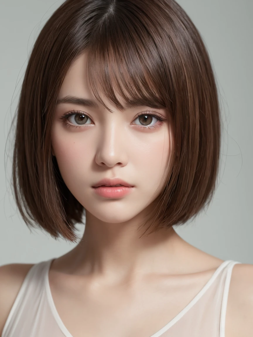 ((Close-up photo of the face:1.4))、(masterpiece:1.5)、(8k)、(Photorealistic:1.5)、RAW Photos、(Best image quality:1.4)、(Sharp focus:1.5)、 highest quality、masterpiece、超A high resolution、Perfect dynamic composition、 20-year-old、thin、Beautiful woman:1.4、Serious expression、 In the living room、Wearing a camisole、 Light brown hair、Bobcut、Shiny Hair、 Super detailed face、Detailed eyes、double eyelid、 Natural color lip、Clear Skin、