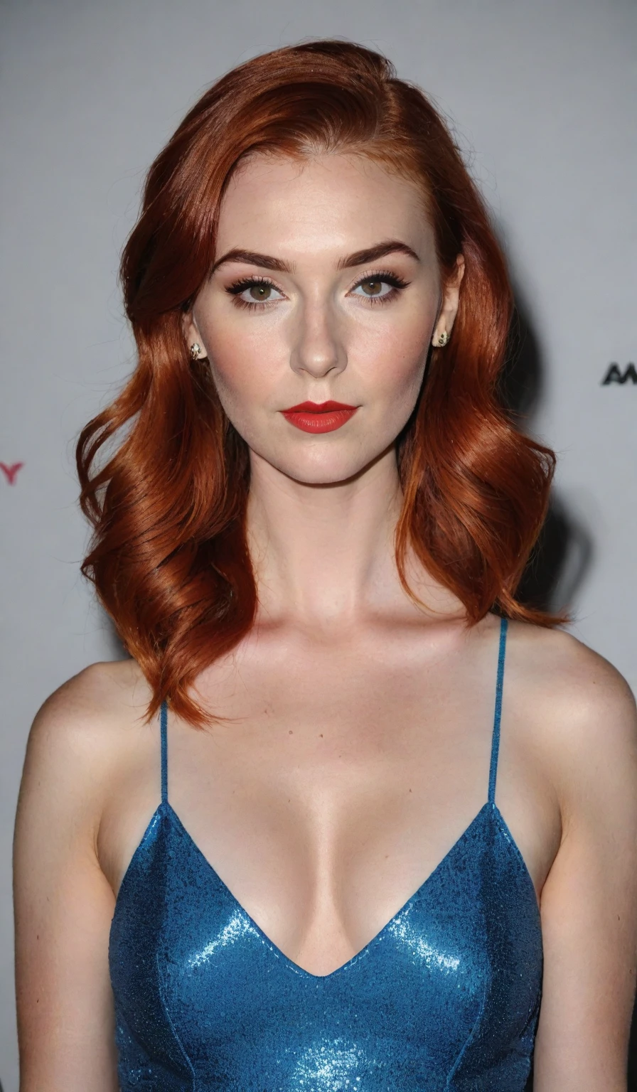 >create the perfect industrial: American singer Mandy Lee from the pop group MisterWives, with a wide face and fiery red hair, freckled skin, flat large nose, perfectly shaped breasts, imperfect skin